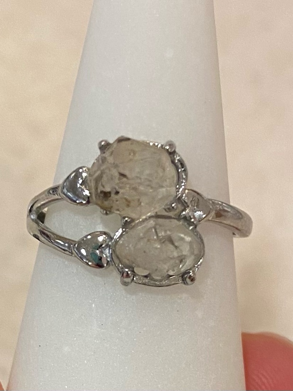 Silver Double Stone Ring with Rough-Cut Herkimer Diamonds